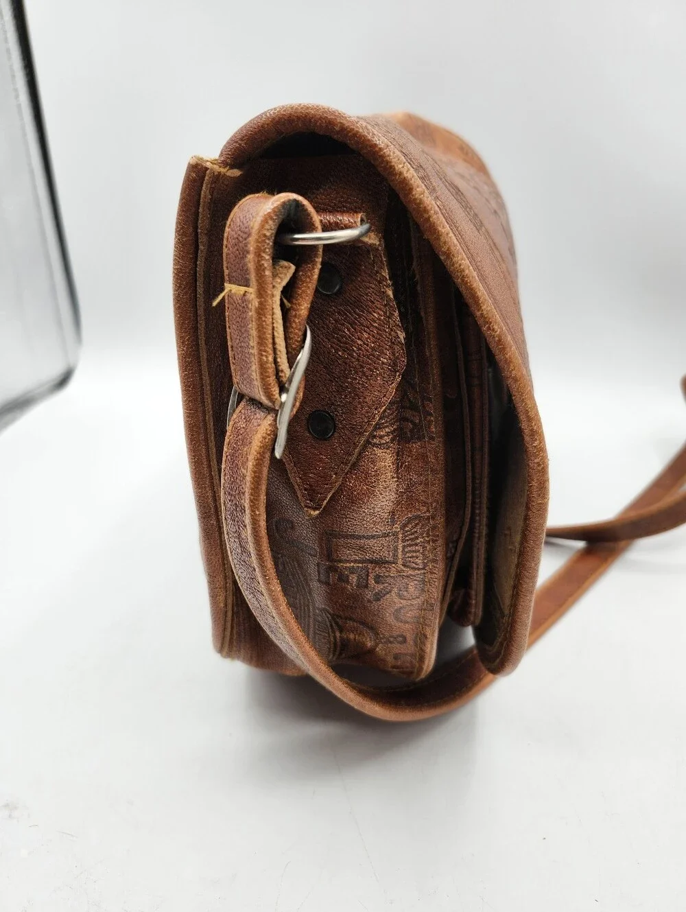 Jerusalem Embossed Leather Crossbody Vintage Bag Brown Handmade Handtooled - Picture 4 of 9